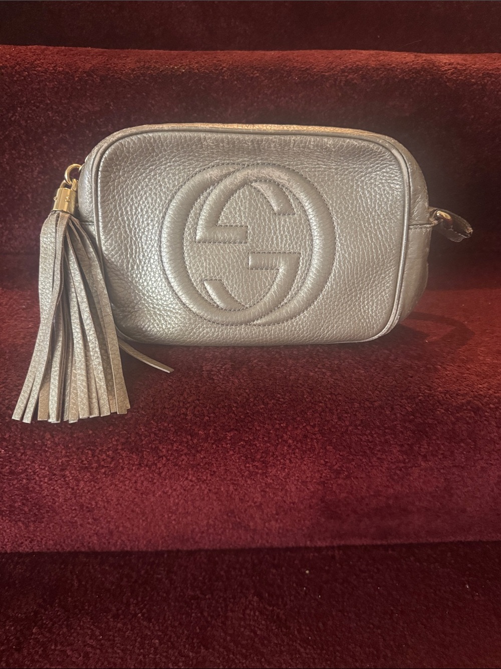 Gucci Silver Pebbled Leather Disco Crossbody with Tassel